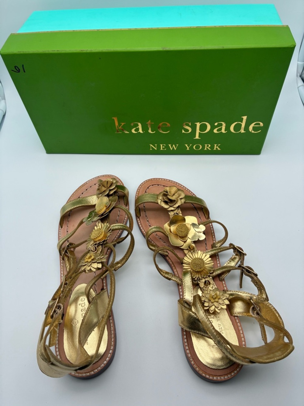 NWB Kate spade gold with flower sandals